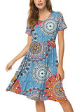 DB MOON Women Summer Casual Short Sleeve Dresses Empire Waist Dress with Pockets (Flower Mix Blue, XS)