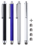 CCIVV Stylus, 4 Pcs 5.0 Inches Hybrid Mesh Fiber Tip Stylus Pens for Touch Screen, Compatible with iPad, iPhone, Kindle Fire + 4 Extra Replaceable Hybrid Fiber Tips (White, Black, Silver, Blue)
