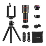 Criacr Phone Camera Lens, 12X Zoom Lens + Fisheye Lens + Macro Lens & Wide Angle (Attached Together) + Phone Holder + Tripod, 3 in 1 Smartphone Cell Phone Telephoto Lens for iPhone, Samsung
