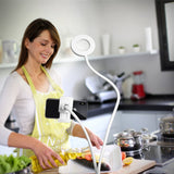 Cell Phone Holder with Selfie Ring Light Compatible with iPhone & Phone Android, UBeesize LED Camera Light with Lazy Bracket for Live Stream, Desk Lamp for Bedroom, Office, Kitchen, Bathroom (White)