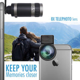 Camera Lens Kit by Coral Entertainments | Professional Telephoto, Macro & Wide Angle Lenses | Tripod and Selfie Remote Control | for iPhone, Samsung, iPads, Tablets | Hard Case & Universal Clip