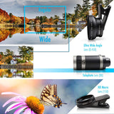 Camera Lens Kit by Coral Entertainments | Professional Telephoto, Macro & Wide Angle Lenses | Tripod and Selfie Remote Control | for iPhone, Samsung, iPads, Tablets | Hard Case & Universal Clip