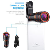 Criacr Phone Camera Lens, 12X Zoom Lens + Fisheye Lens + Macro Lens & Wide Angle (Attached Together) + Phone Holder + Tripod, 3 in 1 Smartphone Cell Phone Telephoto Lens for iPhone, Samsung