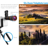 Criacr Phone Camera Lens, 12X Zoom Lens + Fisheye Lens + Macro Lens & Wide Angle (Attached Together) + Phone Holder + Tripod, 3 in 1 Smartphone Cell Phone Telephoto Lens for iPhone, Samsung