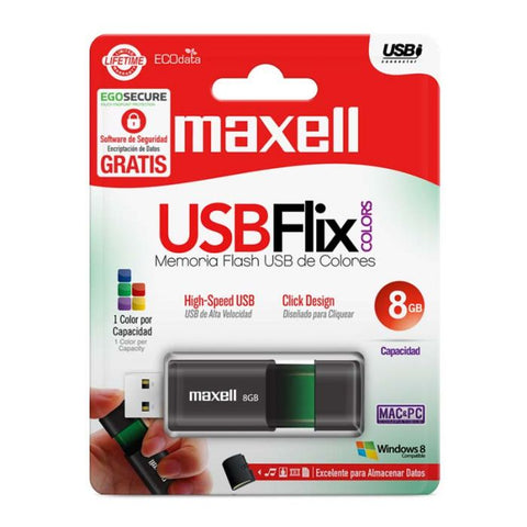 Marca: MAXELL, MEMORIAS USB, Memoria USB Maxell 8GB Flix USB 2.0 Flash Drive - Negro