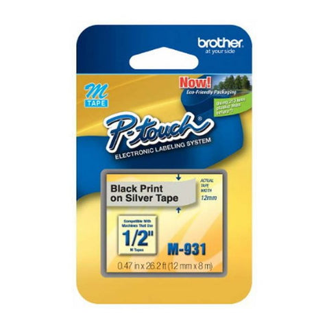 Cinta Brother M931 Negro sobre Plata, 12mm x 8m