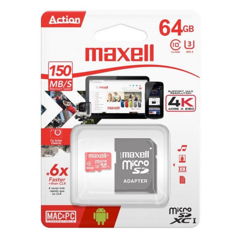 Marca: MAXELL, MEMORIAS MICRO SD, TARJETA DE MEMORIA MAXELL MICRO SD CLASE 10 UHS-3 CON ADAPTADOR A SD, 64GB