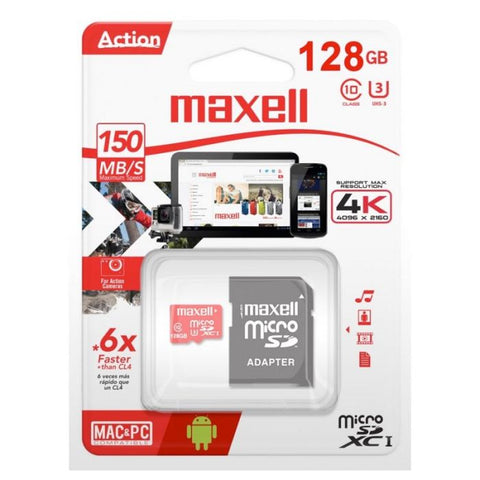 Marca: MAXELL, MEMORIAS MICRO SD, TARJETA DE MEMORIA MAXELL MICRO SD CLASE 10 UHS-3 CON ADAPTADOR A SD, 128GB
