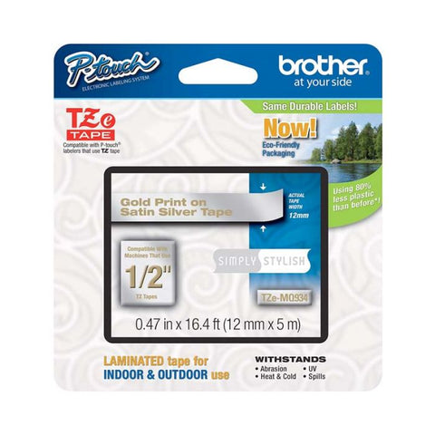 Marca: BROTHER, IMPRESORAS, CINTA LAMINADA BROTHER TZE-MQ934 1/2 PULG. CINTA DORADA EN PLATA SATINADA P-TOUCH