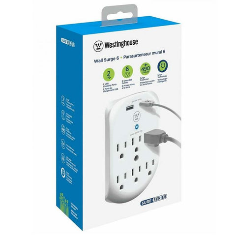 Marca: WESTINGHOUSE, REGULADORES DE VOLTAJE, Regulador De Pared Westinghouse 6 Tomacorrientes | 2 Puertos Usb | 2.4A Total - Negro