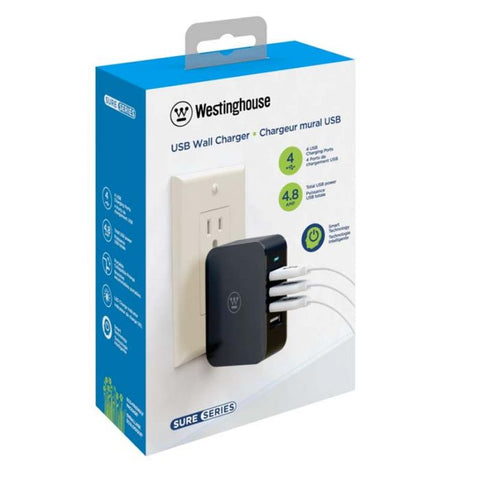 Regulador De Pared Usb Westinghouse 4 Puertos Usb | 4.8A Total - Negro