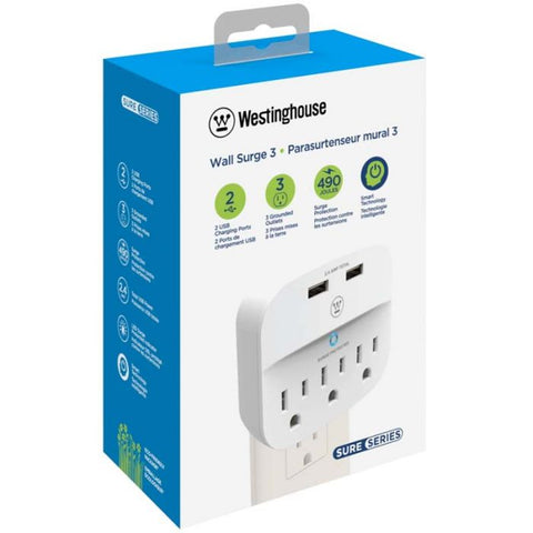 Marca: WESTINGHOUSE, REGULADORES DE VOLTAJE, Regulador De Pared Westinghouse 3 Tomacorrientes | 2 Puertos Usb |2.4A Total - Blanco