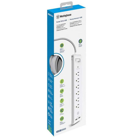 Marca: WESTINGHOUSE, REGULADORES DE VOLTAJE, Regleta Westinghouse 6 Tomacorrientes | 2 Puertos Usb 4.5A Total - Blanco