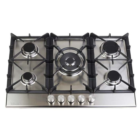 DRIJA ESTUFA Empotrable | 76CM A GAS ACERO INOXIDABLE | 5 QUEMADORES | 5 Válvulas de Seguridad | Parrillas de Hierro Colado| Perillas Metálicas | Parrillas de Hierro Colado | ENCENDIDO ELECTRICO | VOLTAJE 110V 240V