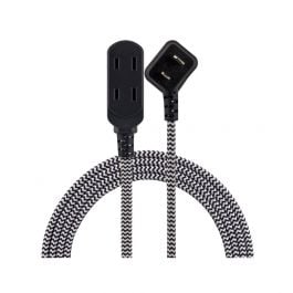 Jasco | Cable De Extension | 8PIE Dise O Tela trenzada 3 Salida De Tomas Con Tapa de Seguridad Giratoria | NEGRO BLANCO