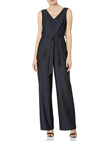 Calvin Klein Women's Sleeveless V Neck Jumpsuit with Self Sash Waist, Solid Blue, 12