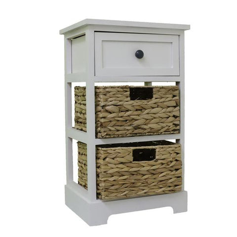 Mesa de noche blanca 1 gaveta y 2 canastas de rattan