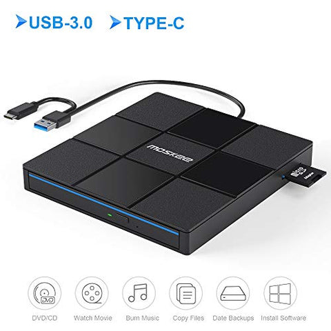 Moskee Type C External CD DVD Drive,with USB Port SD Card Slot USB 3.0 Portable CD/DVD +/-RW Drive Rewriter Burner Data Transfer for MacBook,Laptop,Windows,Linux and Mac OS