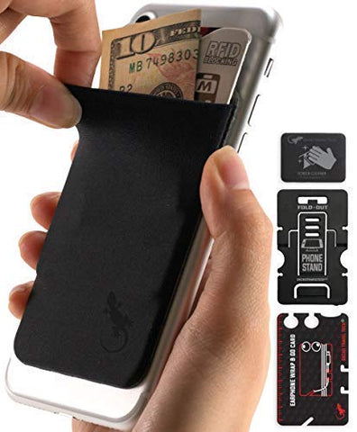 Gecko Travel Tech Phone Wallet - Stick On Card Holder iPhone Wallet for Cell Phones - Adhesive Card Pocket for Credit Cards and Money - Sticker for Cases - Phone Stand - RFID Protection Sleeve - (BB)