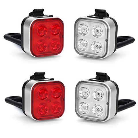 AKALE USB Rechargeable Bike Light Set,Super Bright LED Bicycle Lights Front and Rear, 4 Light Modes, IPX4 Waterproof, Easy to Install for Men Women Kids Road Mountain Cycling ( Silver 2 Pack)