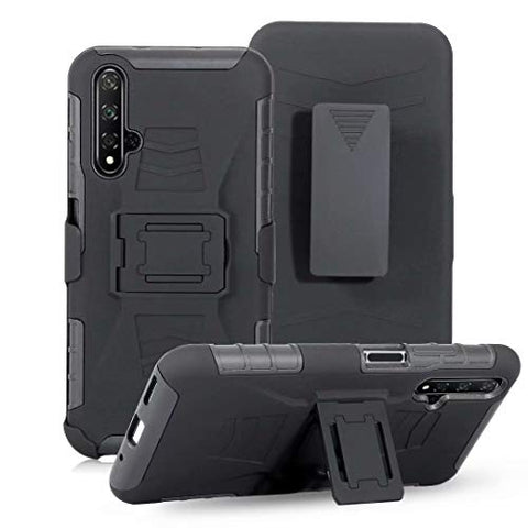 Lantier Hybrid Heavy Duty Shockproof Rugged Holster Protective Case with Kickstand and Swivel Belt Clip for Huawei Nova 5T / Honor 20 Black