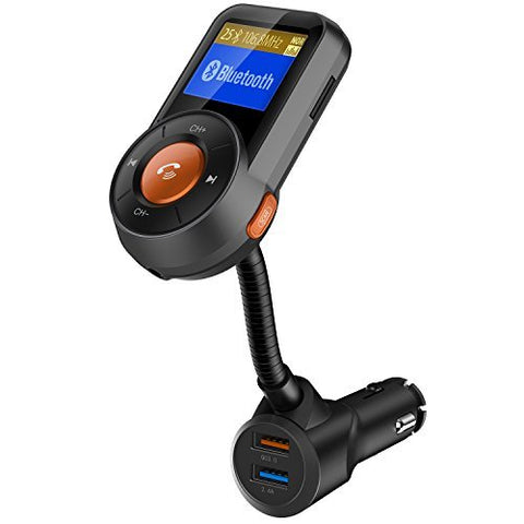 New Bluetooth FM Transmitter, Kinbom Auto-Scan FM Wireless Radio Adapter Receiver with 1.4 Display, Bluetooth 4.2, QC3.0/2.4A Dual Fast USB Charger SD Card Support Hands-Free Calling Car Kit (Orange)