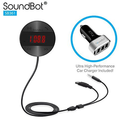 Soundbot SB361 FM Radio Wireless Transmitter Receiver Adapter Universal Car Kit Music Streaming & Hands-Free Talking Dongle 3 Port USB Car Charger Bundle + Magnetic Mount