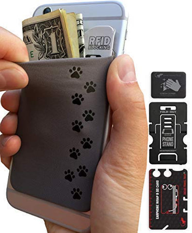Phone Wallet - Cell Phone Stand - Adhesive Card Holder - Phone Pouch - Stick on Lycra Pocket by Gecko - Carry Credit Cards and Cash - Dog Paws