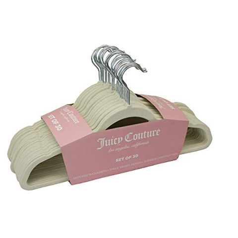 Juicy Couture Non-Slip Clothes Hangers (30 Pack Full Size) Velvet ; Ivory - with Notched Shoulders 2.5Oz Light; Thin .20" Holds Up to 12 Lbs