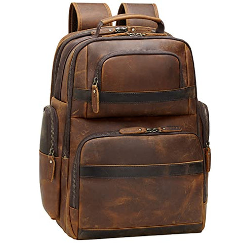 TIDING Men's Full Grain Leather Backpack 15.6" Laptop Bag Large Capacity Travel Hiking Daypacks with USB Charging Port