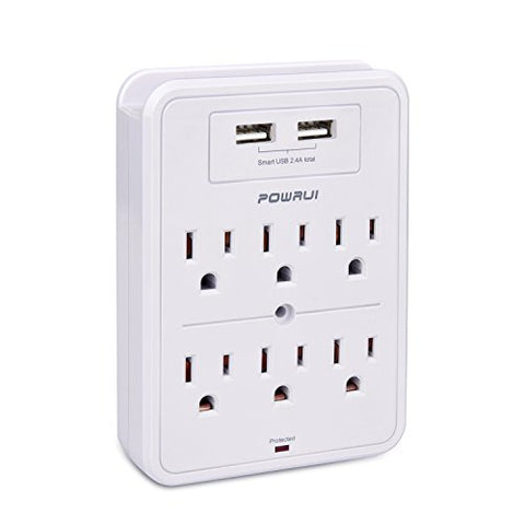 POWRUI Surge Protector, USB Wall Charger with 2 USB Charging Ports(Smart 2.4A Total), 6-Outlet Extender and Top Phone Holder for Your Cell Phone, White, ETL Listed