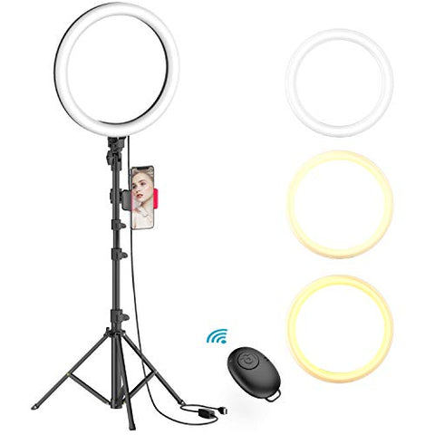 10" Selfie Ring Light with Tripod Stand & Phone Holder for Live Stream/Makeup, Dimmable Led Camera Beauty Ringlight for YouTube TikTok/Photography Compatible for iPhone and Android Phone(Upgraded)