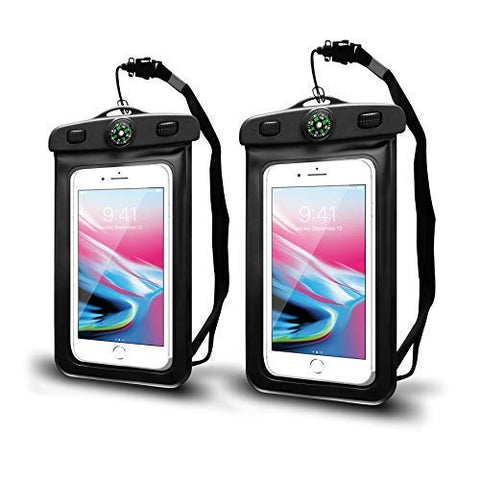Waterproof Cell Phone Pouch/Dry Bag with Neck Lanyard & Compass - Cruise Essentials - Protects iPhone, Samsung, Google, Sony Moto - Credit Cards, Cash, Name Tags, Badge Holders (2-Pack, Black)
