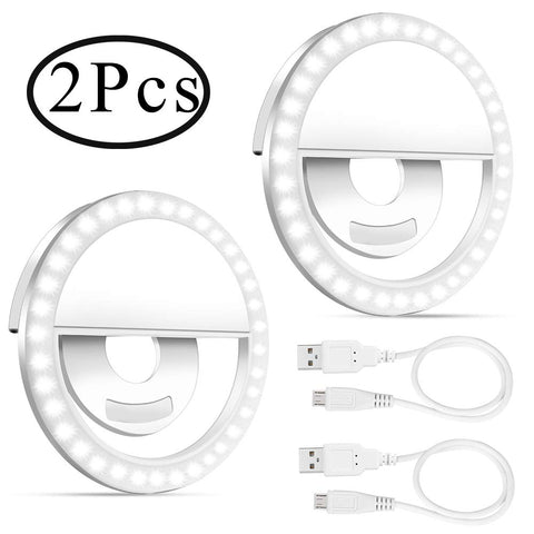 Selfie Light Ring, Outee 2 Pack Led Circle Clip On Cell Phone Laptop Camera LED Light 3-Level 36 Led Adjustable Brightness Video Lights Rechargeable Compatible for Phone Photography (White)