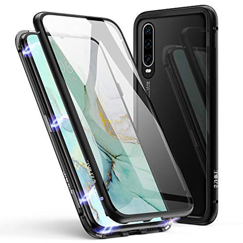 Huawei P30 Pro Case, ZHIKE Magnetic Adsorption Case Front and Back Tempered Glass Full Screen Coverage One-piece Design Flip Cover for Huawei P30 Pro (Clear Black)