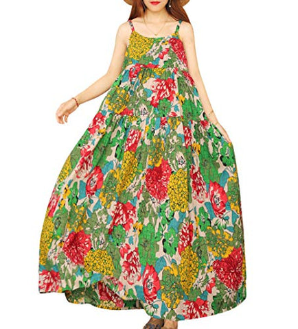 YESNO Women Casual Loose Bohemian Floral Print Dresses Empire Waist Spaghetti Strap Long Maxi Summer Beach Swing Dress XS-5X E75 (L, As Picture10-Multi-Colored)