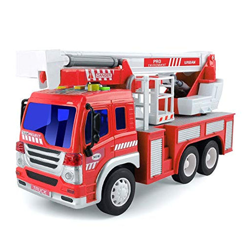 Gizmovine Fire Truck Toy Friction Power with Lights and Sounds, Extending Rescue Rotating Ladder Pull Back Construction Toys Vehicles for Toddlers Boys 4, 3, Year Old, 1:16 Scale