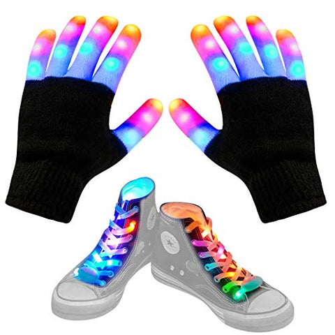 Aywewii Led Finger Gloves, Led Gloves LED Shoelaces Set Light Up Toys for Boys Girls, Flashing Gloves for Christmas Thanksgiving Birthday Glow Halloween Costume Party