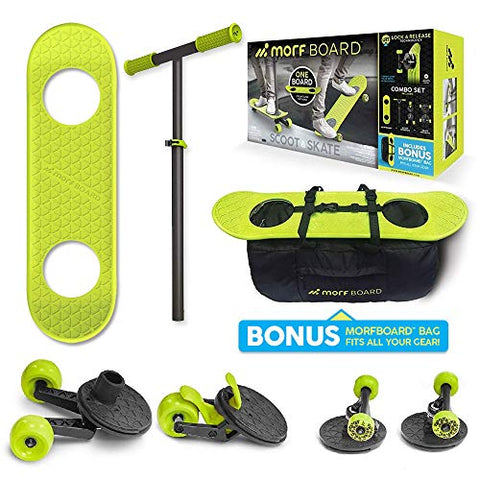 MORFBOARD Skate & Scoot Combo with Bonus Bag to Fit 2-in-1 Scooter & Skateboard Gear, 3-Position Adjustable Height and Extra Wide Skateboard Deck, for Boys or Girls 8 Years and Up, Supports 150 lbs