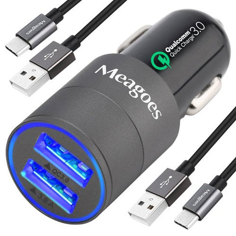 Meagoes Fast USB C Car Charger, Compatible Samsung Galaxy S10 Plus/S10/S10e/S9 Plus/S9/S8, Note 9/Note 8, LG V40 ThinQ/G7/V30 Phones, Quick Charge 3.0 Port Car Adapter with 2-Pack Rapid Type C Cords