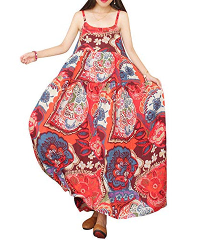 YESNO Women Casual Loose Bohemian Floral Print Dresses Spaghetti Strap Long Maxi Summer Beach Swing Dress XS-5X E75 (XL, As Picture129-Multi-Colored)
