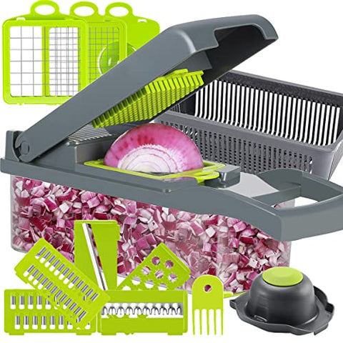 KEOUKE Vegetable Chopper Slicer Dicer - 12 -in -1 Onion Chopper Fruits Cutter Mandoline Slicer Food Chopper/Cutter with 7 Stainless Steel Blades, Adjustable Slicer & Dicer with Storage Container