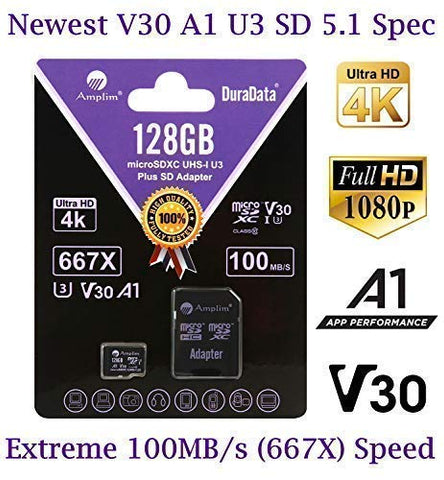 128GB Micro SD Card Plus Adapter Pack, Amplim 128 GB MicroSD SDXC Class 10 U3 A1 V30 Extreme Pro Speed 100MB/s UHS-I UHS-1 TF XC MicroSDXC Memory Card for Cell Phone, Nintendo, Galaxy, Fire, Gopro