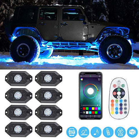 RGB LED Rock Lights -8 Pod Lights with Phone App/Remote Control & Timing & Music Mode & Flashing & Automatic Control & Color Grad Multicolor Underglow Neon Lights for Jeep Off Road Truck SUV ATV