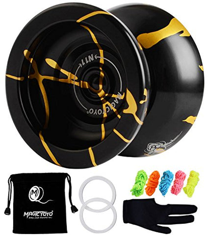 MAGICYOYO Professional Unresponsive Yoyo N11 Alloy Aluminum YoYo Ball (Black with Golden) with Bag, Glove and 5 Strings