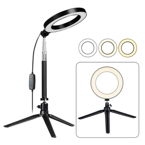 Fonrest LED Ring Light with Stretchable Tripod Stand Selfie Stick, 6-inch Dimmable Floor/Table Annular Lamp for Selfie, Makeup, Live Stream, YouTube, Vlog, Camera/Phone Video Shooting USB Plug