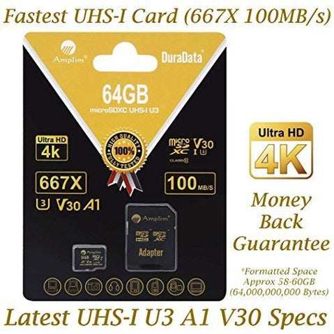Amplim 64GB Micro SD SDXC V30 A1 Memory Card Plus Adapter Pack (Class 10 U3 UHS-I MicroSD XC Extreme Pro) 64 GB Ultra High Speed 667X 100MB/s UHS-1 TF MicroSDXC 4K Flash - Cell Phone, Drone, Camera