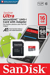 SanDisk 16GB Ultra microSDXC UHS-I Memory Card with Adapter - 98MB/s, C10, U1, Full HD, A1, Micro SD Card - SDSQUAR-016G-GN6MA