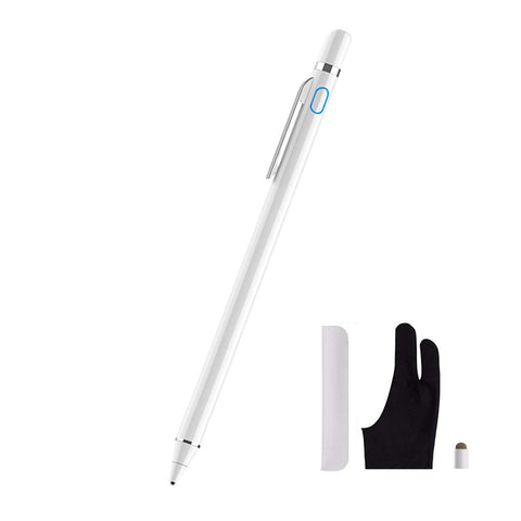 Stylus Pen for Touch Screen, XIRON Rechargeable 1.5mm Fine Tip Point Active Stylus Pen Smart Digital Pencil 2 in 1 Copper Tip & Mesh Tip with Anti-Fouling Glove Perfect for Drawing, Writing (White)