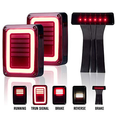 Upgraded Jeep Wrangler JK LED Tail Lights Smoked & Smoked Third High Brake Light - Reverse Lights Turn Signal Lamps Brake Lights Running Lights for Jeep Wrangler JK 2007-2018, 1 Year Warranty